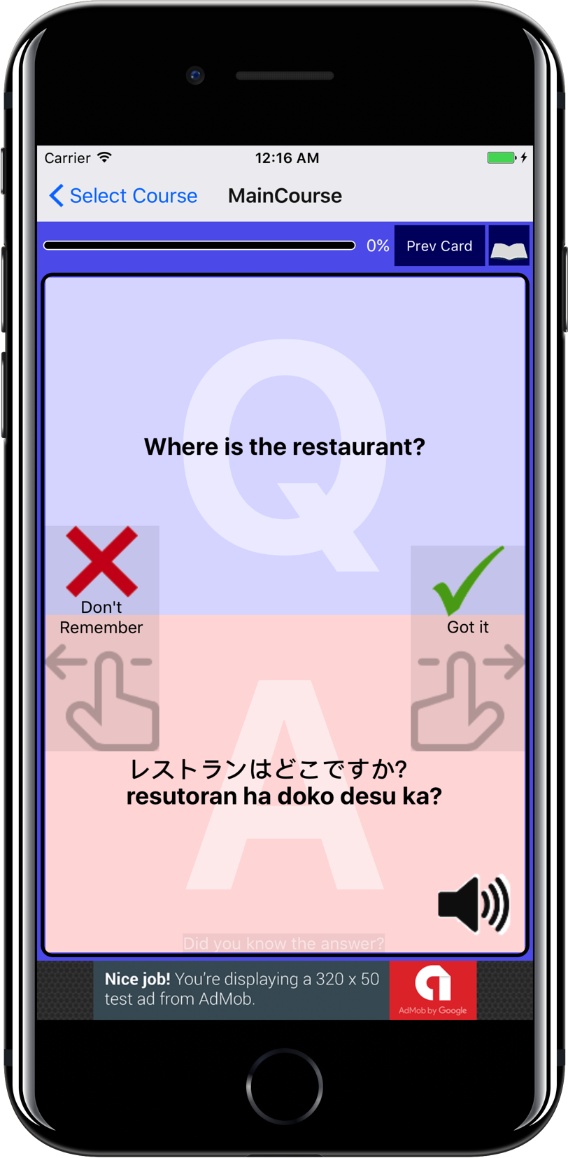 StudyNWalk flashcard app running on an iPhone